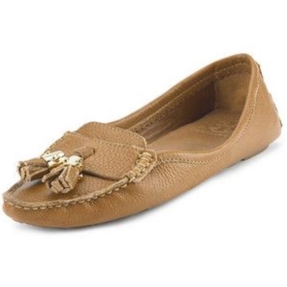 TORY BURCH Tan Leather Lawrence Tassel & Logo Loafers Driver Moccasin Flats 5 - Picture 2 of 7